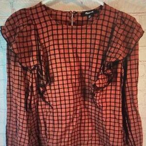 Madewell Rust and Black Plaid Ruffle-Shoulder Blouse